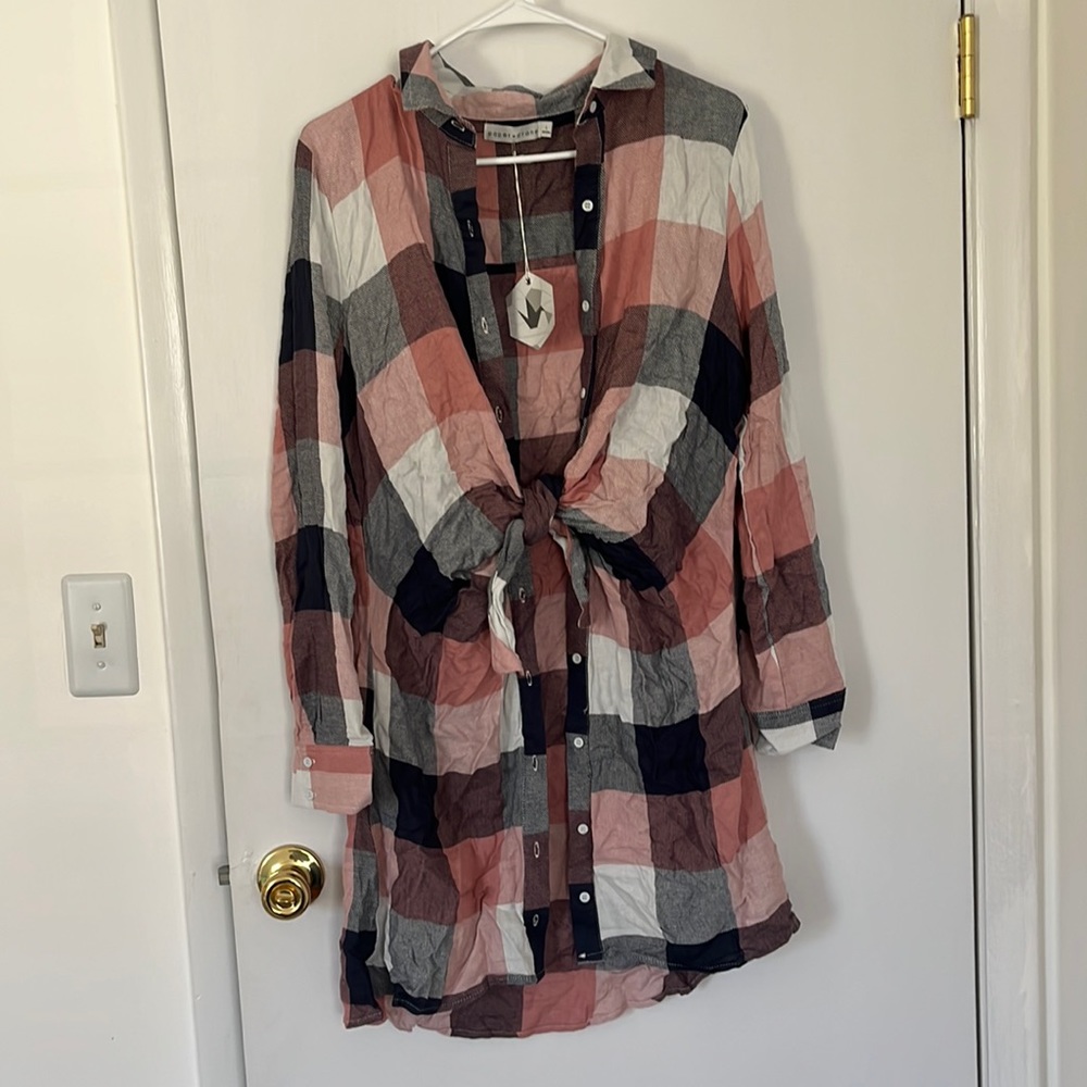 Tie front button down buffal plaid dress